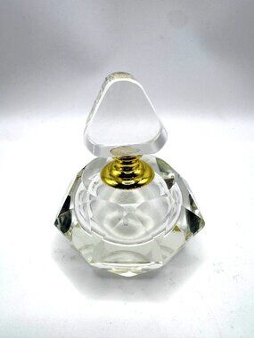 Vintage Crystal Glass Perfume Bottle Gold-Tone Accents Faceted Stopper